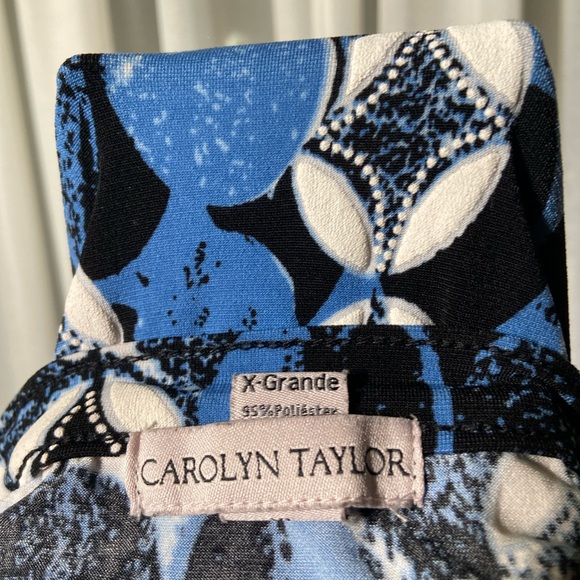 Carolyn Taylor Blue & Black Geo Patterned Blouse Pleated Flowy Long Sleeve Sz XL - Picture 5 of 5
